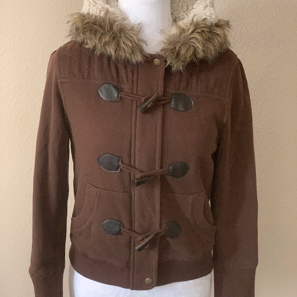 Women’s Brown Toggle Jacket with Faux Fur Hood - Picture 1 of 8